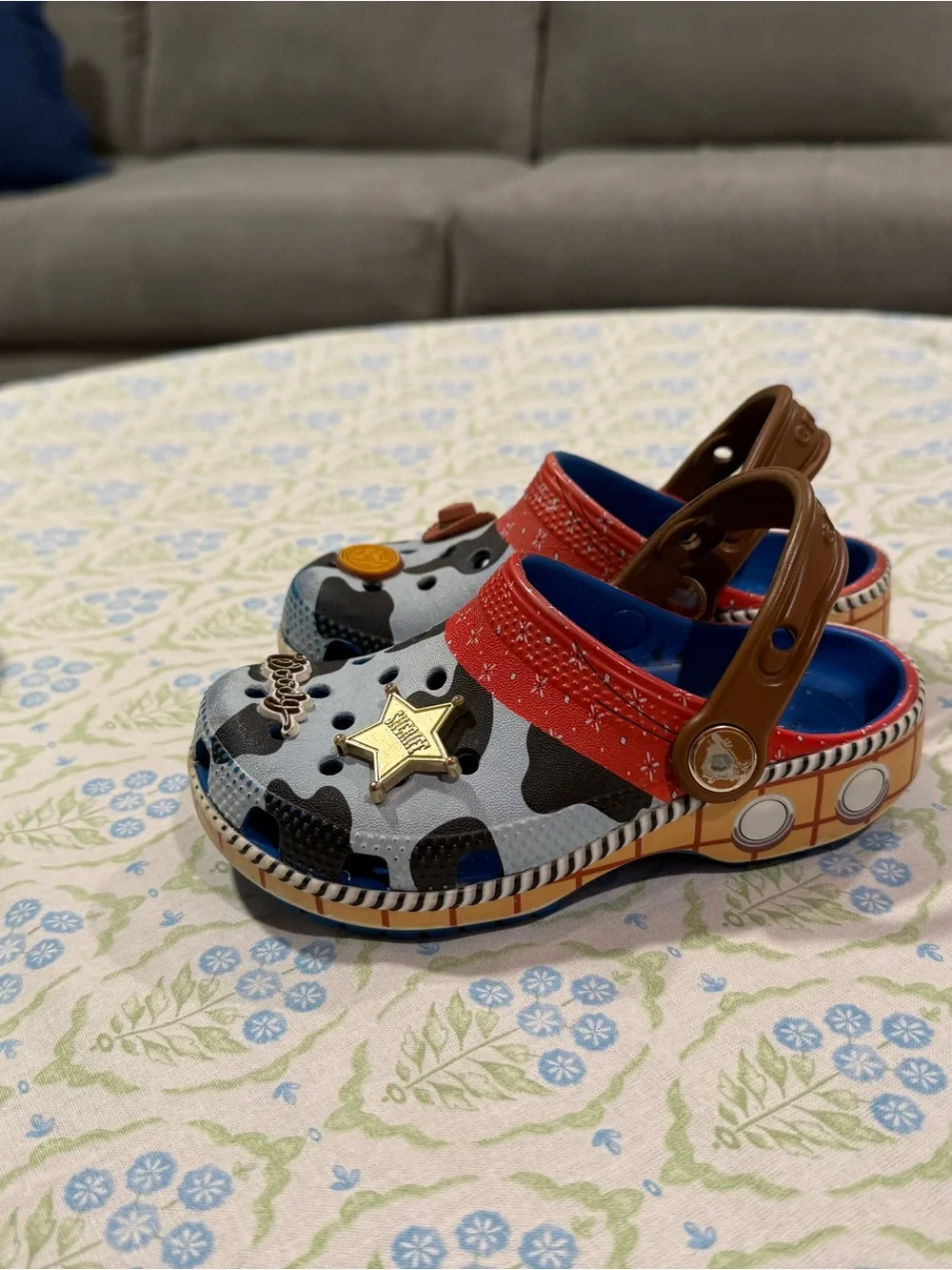 CROCS Kids Cowprint Clogs with Red Strap and Blue Insole